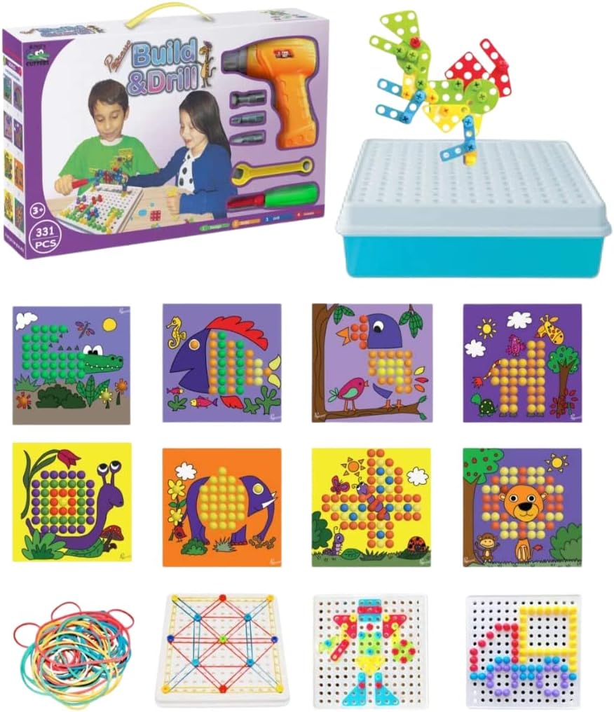 Pegcasso 331 pc Build & Drill Educational Construction and STEM Preschool Engineering peg Board Toy with Bonus Geoboard/Rubber Bands, 8 Unique Fun Animal Designs. Best Gift for Boys and Girls!