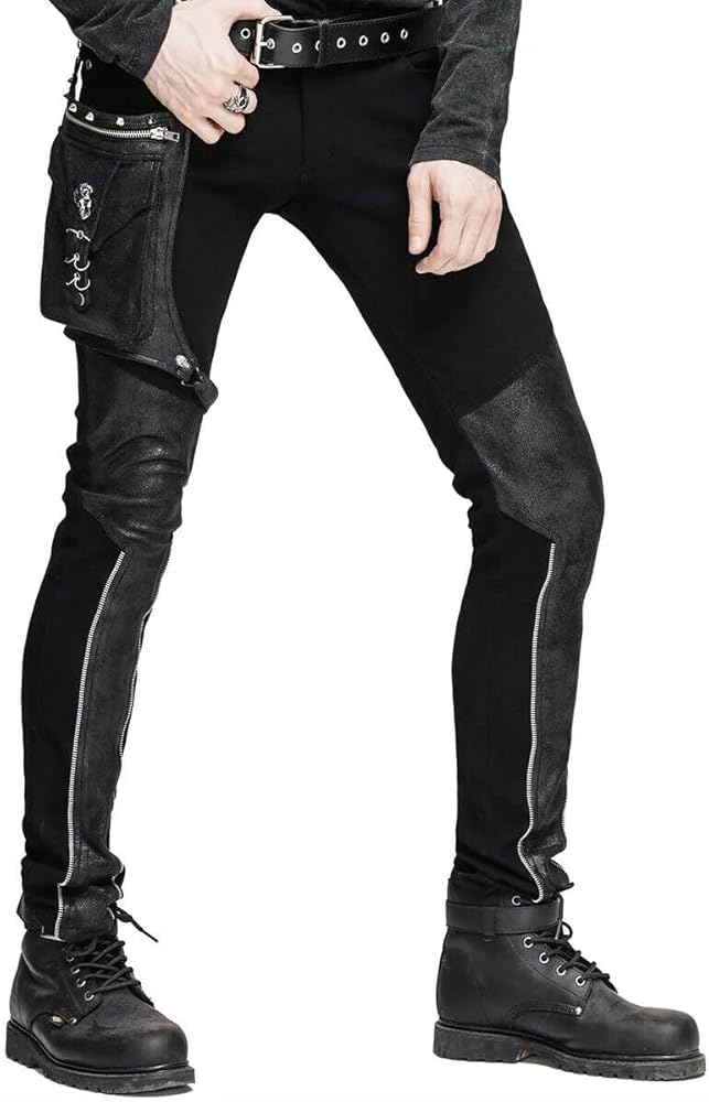 Punk Fashion Men Diesel Punk Pants Jeans Black Gothic Punk Faux