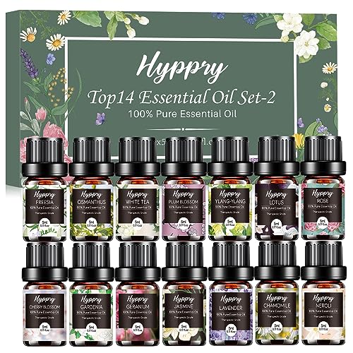 Hyppry Floral Fragrance Oils Set 14 x 5 ML Natural Essential Oils for Diffusers for Home Candle Making - Lavender Rose Freesia Ylang-Ylang Jasmine Chamomile Neroli Cherry Blossom