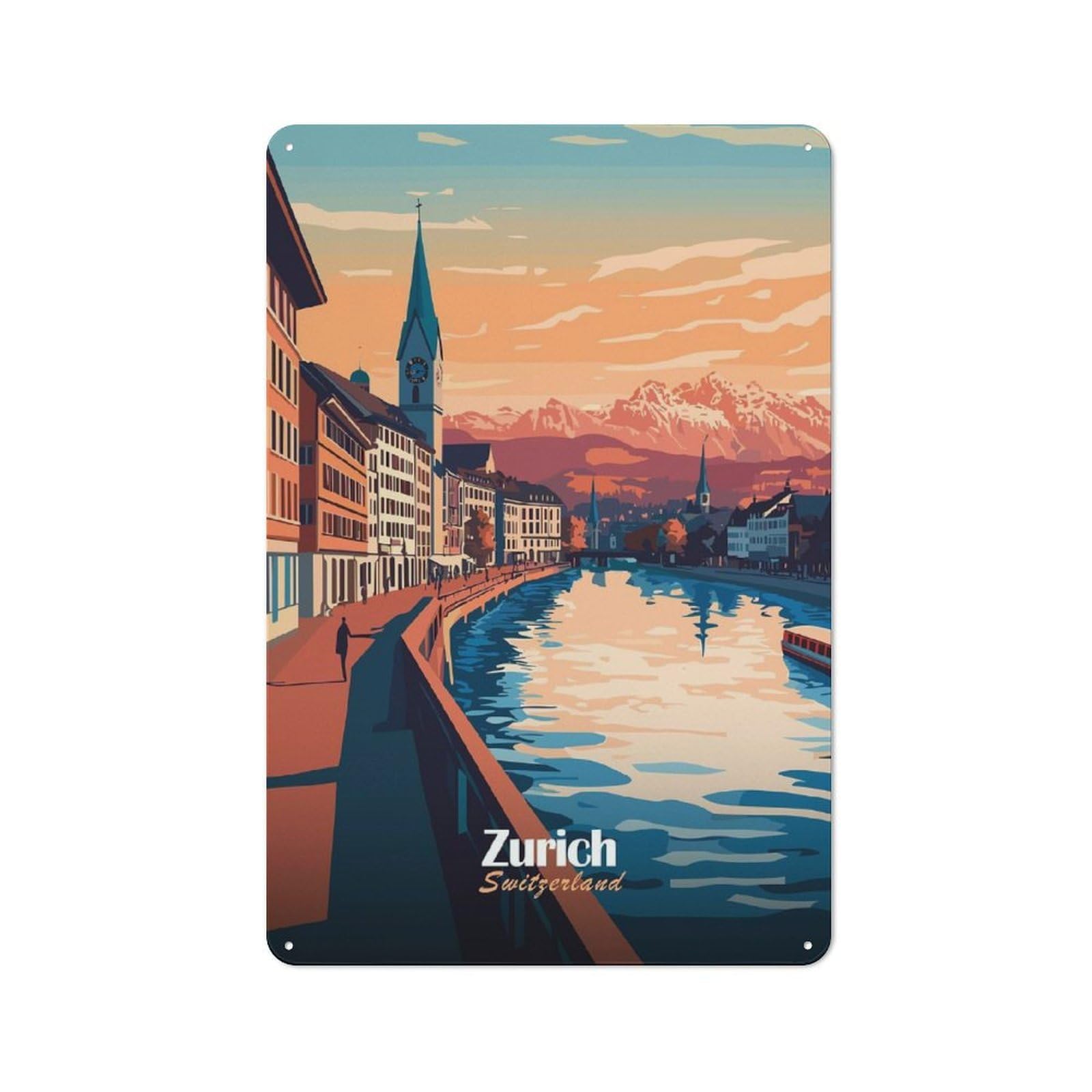 Junmoney Style-5 Bistro Style Bistro Metal Sign 30X20cm Featuring Zurich Cityscape Sunset, Shop Wall Decor For Takeaway, Bar, Kitchen Or Counter Area