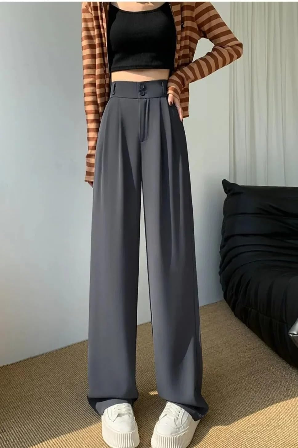 Women's Wide Leg Pants Spring Autumn High Waist Black Baggy Pants Office Ladies Loose Suit Trousers