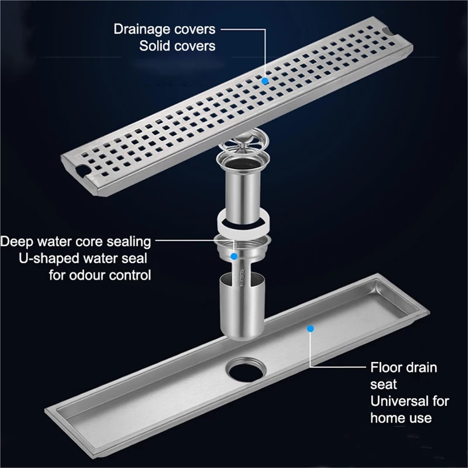 Sumidero Ducha Desagües de Suelo Acero Inoxidable, desagües Ducha, Filtro residuos baño, Drenaje, Tira Larga, Accesorios Cocina, 20-100cm para Cocina baño(Side,20x10cm)