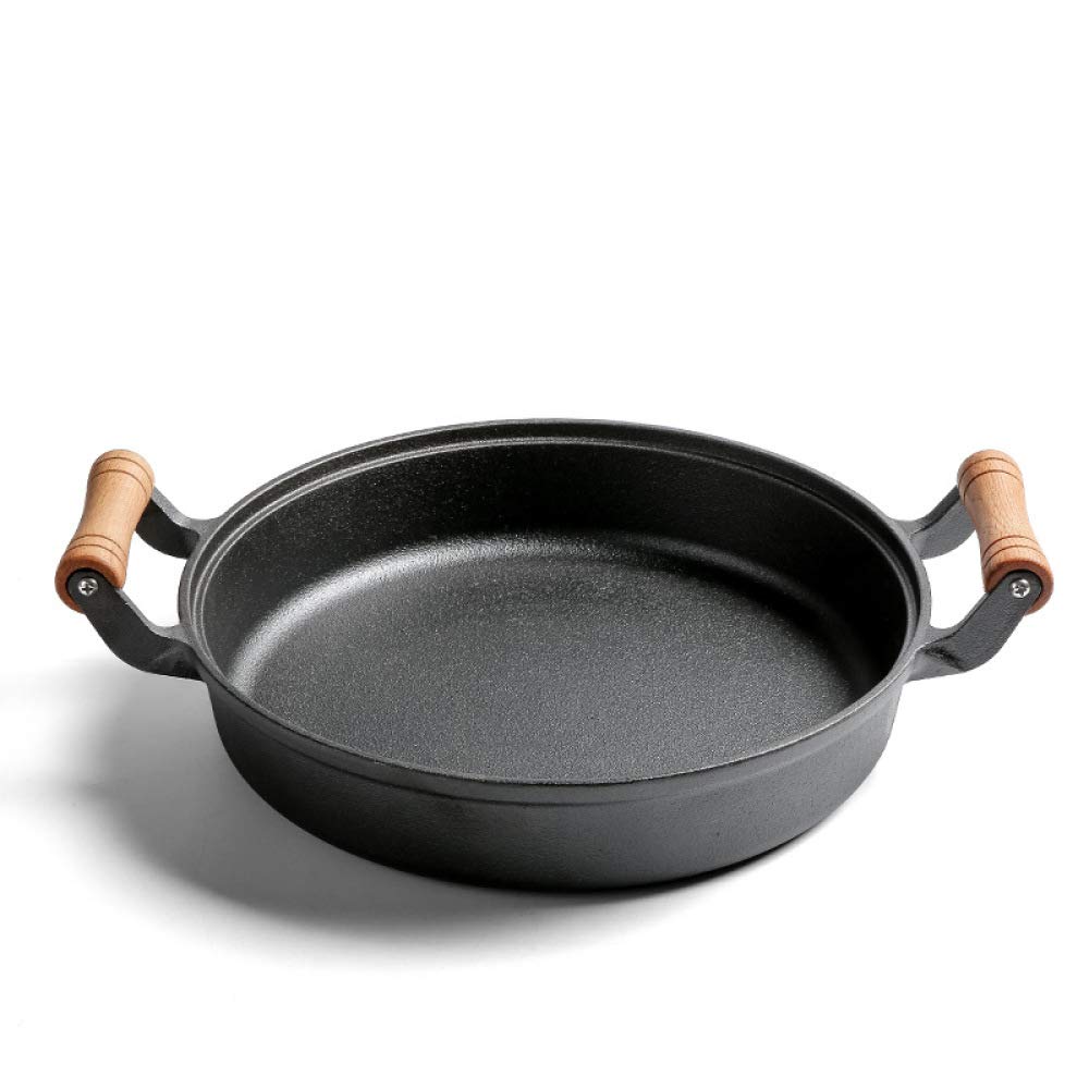 Żeliwna patelnia Wok wielofunkcyjna z drewnianym uchwytem i żeliwną patelnią z okrągłym dnem i dwoma uszami, normalna 30 cm