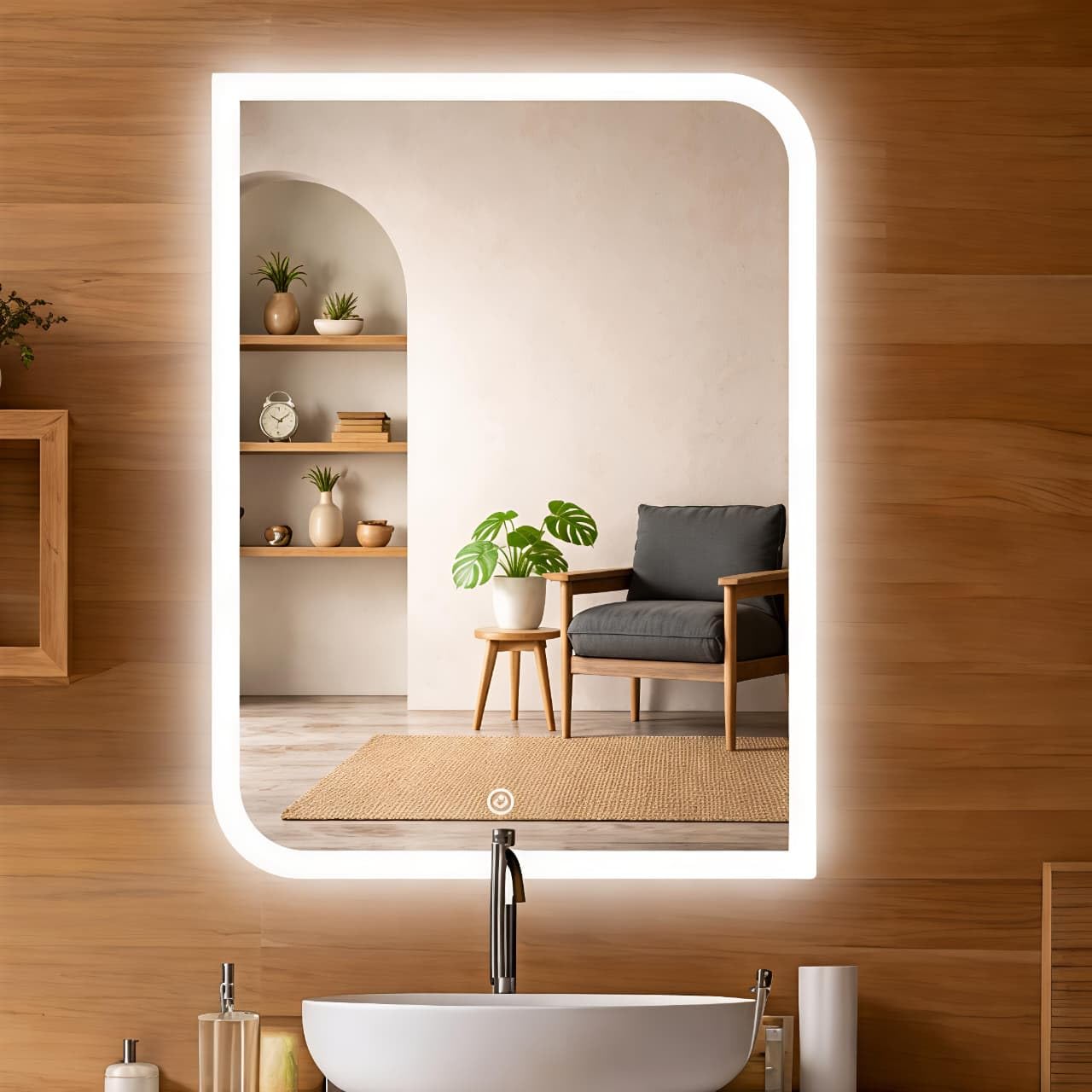 Modern LED Mirror for Bathroom with Touch Sensor 3 Color Light Modes (White Natural & Warm Light) | Adjustable Brightness Wall Mounted Mirror for Wash Basin & Bedroom (18 x 24 Inch)-image-18