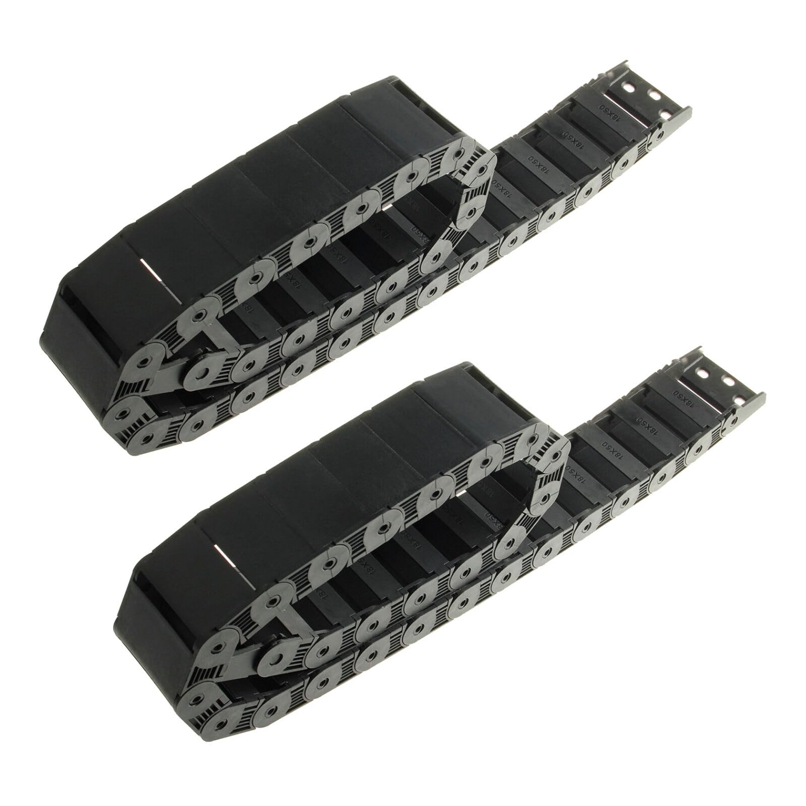 Catena di traino per cavi R38, 2 pezzi, 18 mm x 50 mm, in plastica nera, lunghezza 1 m, per CNC, con connettori terminali, tipo semi-chiuso, apertura laterale