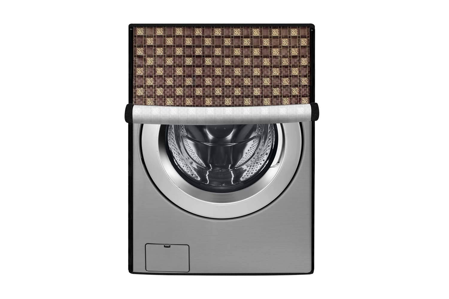 Stylista Washing Machine Cover Compatible for LG 7 kg FH0G7QDNL02 Front Load Traditional Checkered Pattern Brown