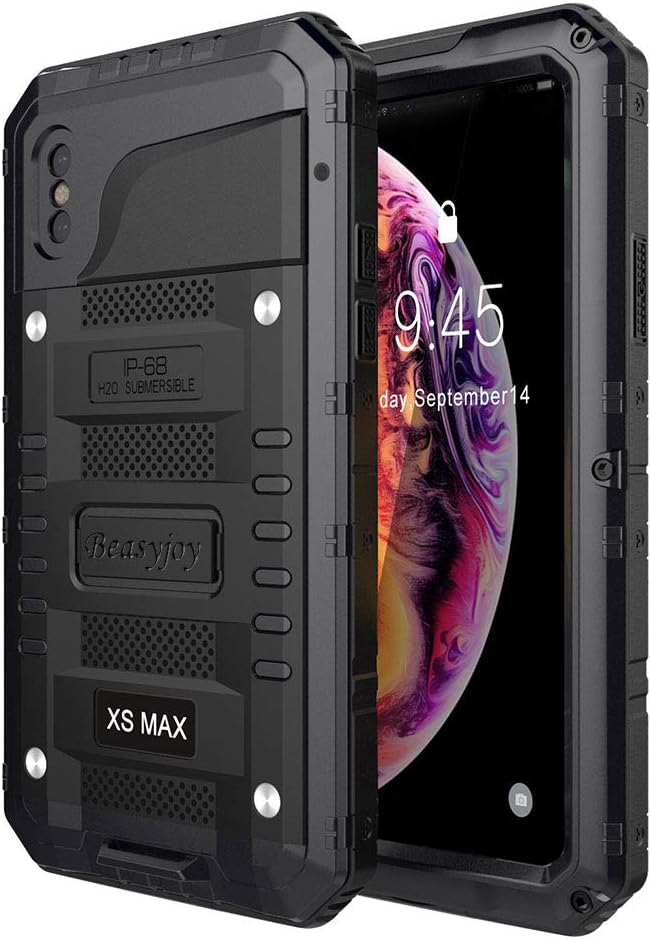 Beasyjoy for iPhone Xs Max Case Waterproof Metal Heavy Duty Strong Durable Cover Built-in Screen Full Body Protective Shockproof Tough Rugged Hybrid Military Grade Defender for Outdoor-Black