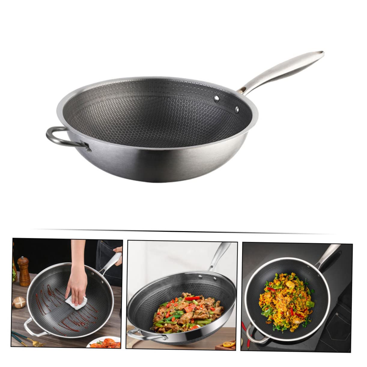 Uonlytech Wok in Acciaio Resistenti con Struttura a Nido d'Occhielli Antiaderente Manico Ergonomico Padella Tradizionale Cinese per Cucina a Induzione Resistente e Facile da Pulire