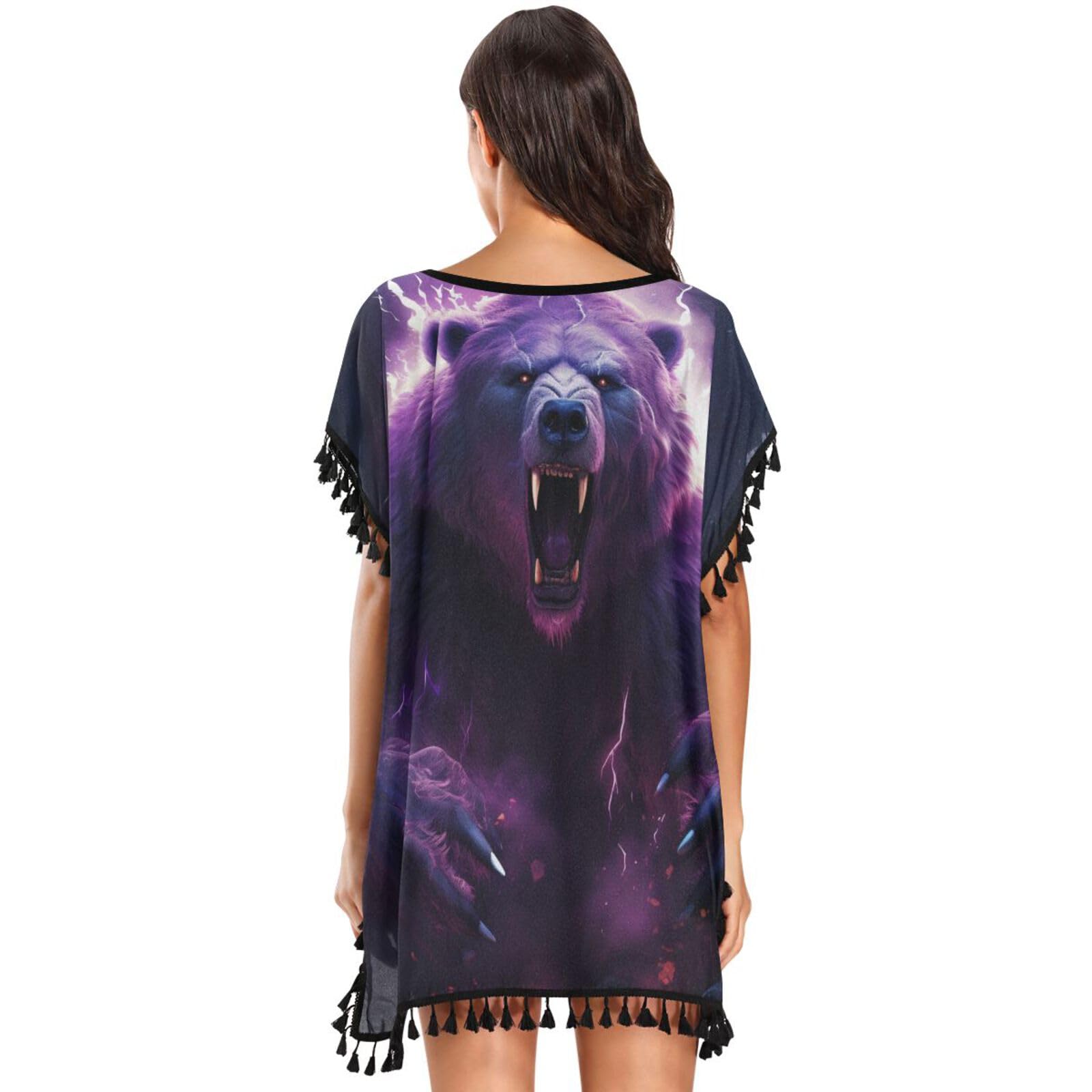 Purple Abstract Art Bear Women's Beach Cover Up Chiffon Tassel Swimwear Swimsuit Coverups for Girl