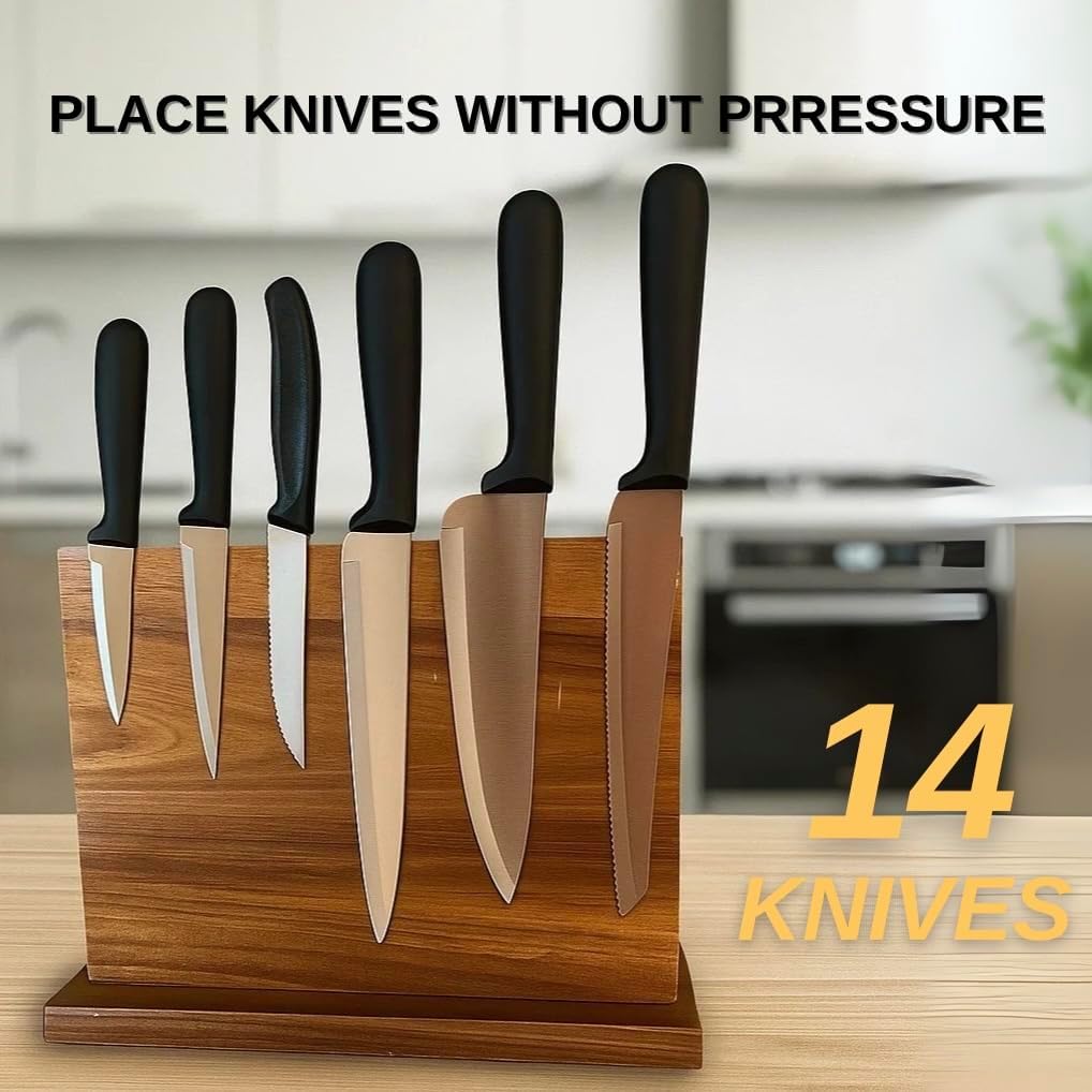 Personalized 12x9 Acacia Wood Magnetic Knife Holder for Countertop, Knife Block with Strong Double-Sided Magnet, Wooden Stand for Kitchen, Large Capacity Storage for Kitchen, Custom Engraved Gift