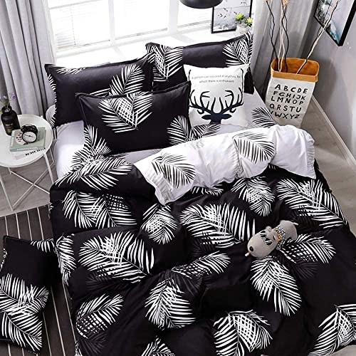 Feelyou Cute Leaf Comforter Cover Set For Girls Women, Black And White Bedding Set Full Size Kawaii Floral Duvet Cover For Kids Teens Adult Palm Leaves Home Decor Reversible Bedding Collections #TOP3