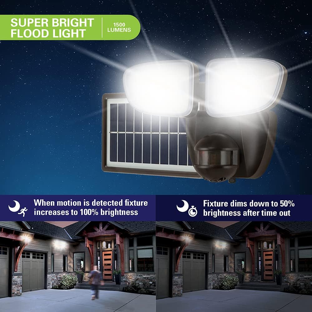 HALO Solar Outdoor LED Flood Light with 180 Degree Motion Sensor Flood & Security Twin Head Light 1500 Lumens Bronze
