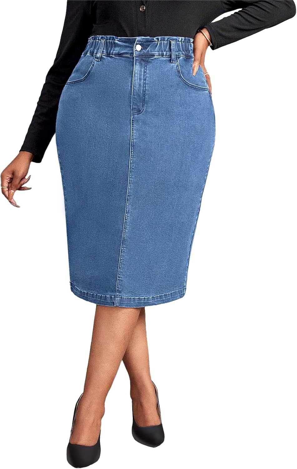 Plus Size Women's High Waisted Midi Denim Skirt, Stretch Pencil Jean Skirt with Comfort Elastic Waistband