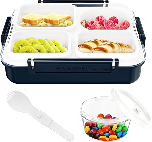 Lonchera Bento, lonchera para adultos de 50.7 fl oz, lonchera de 4 compartimentos para niños con salsa a prueba de fugas (azul marino, polipropileno)
