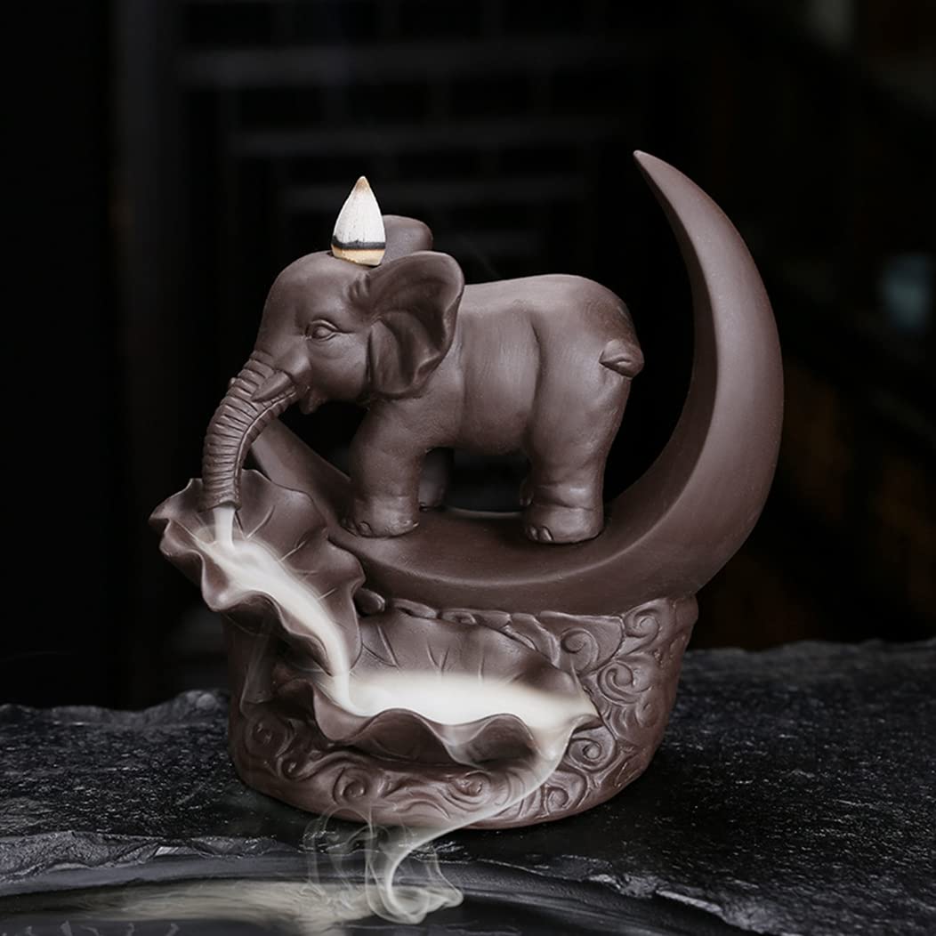 Brûleur d'encens éléphant croissant de lune en bois pour décoration de salon taille S