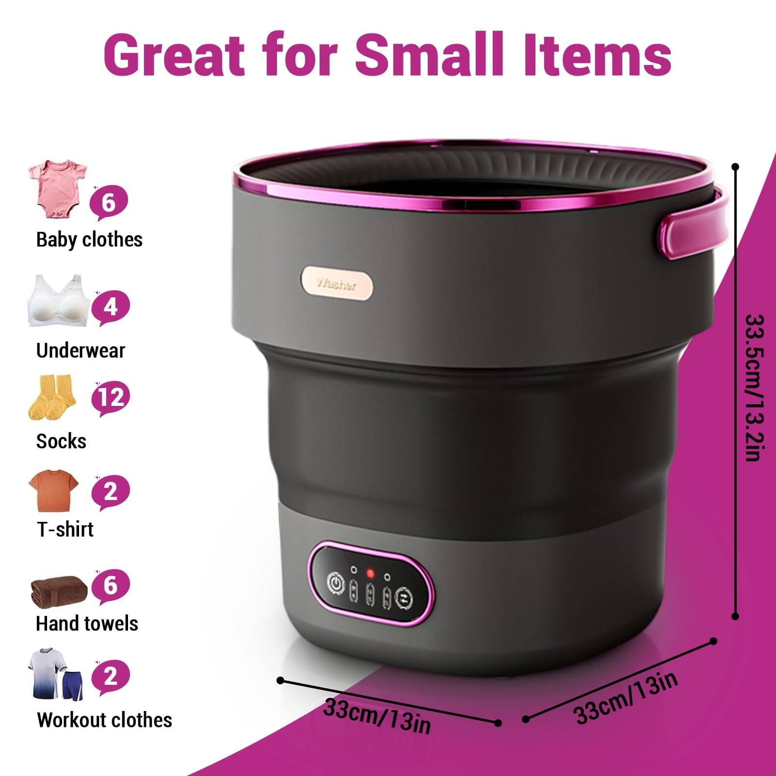 Silenziosa e Compatta - Mini Lavatrice Pieghevole 13L con Centrifuga, 3 Modalità, Portatile per Campeggio, Viaggi, Baby e Intimo - Nero Viola EU Plug