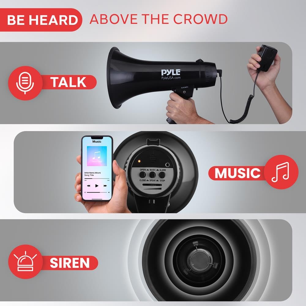 Pyle Altoparlante megafono ricaricabile da 50 W, a forma di corno forte con sirena, volume regolabile, portatile, Mega telefono per allenatori, insegnanti, eventi, sport e uso all'aperto