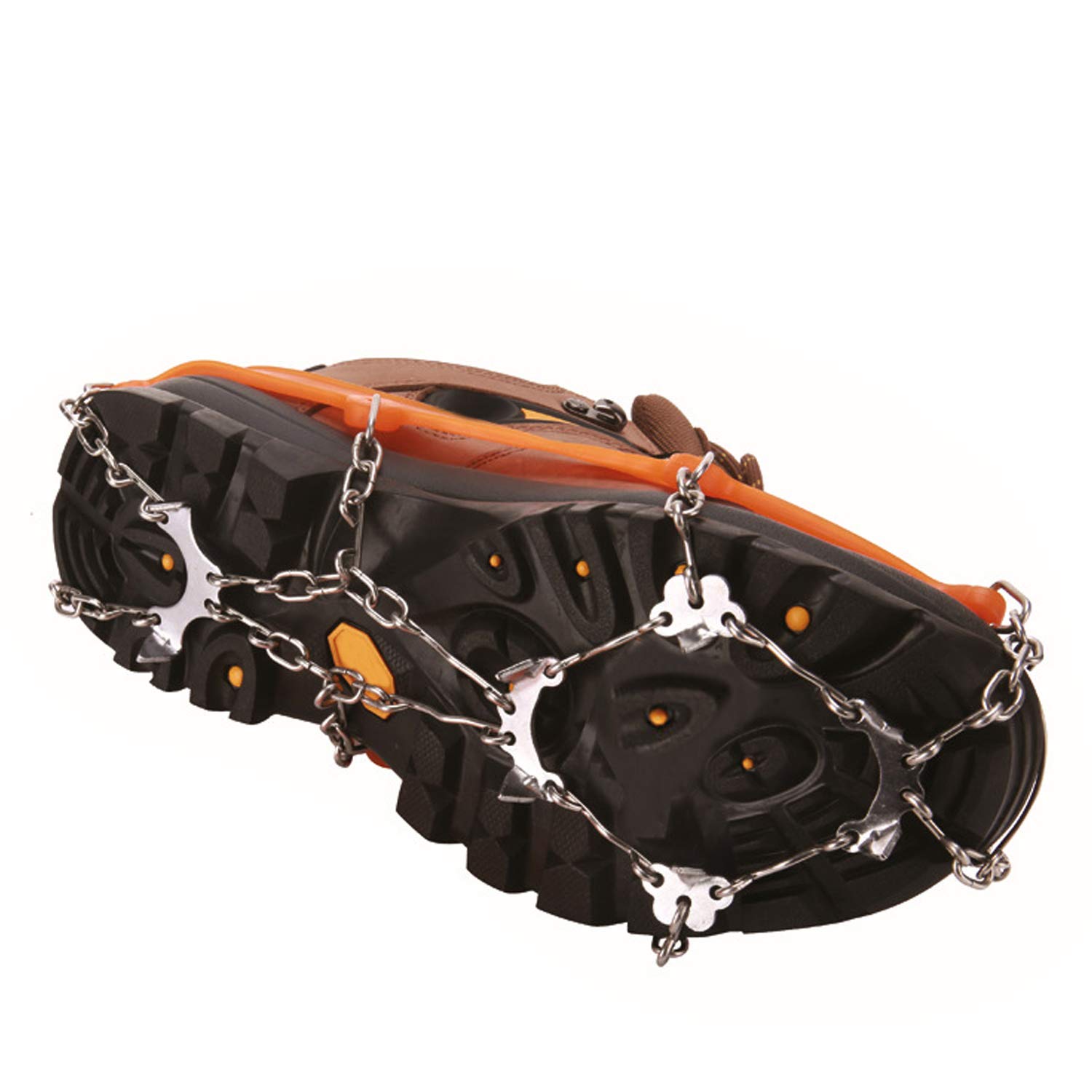 Crampons à 18 dents - Chaîne à neige pour bottes - Crampons pour chaussures de montagne - Noir Orange sur glace et neige - Pour homme et femme