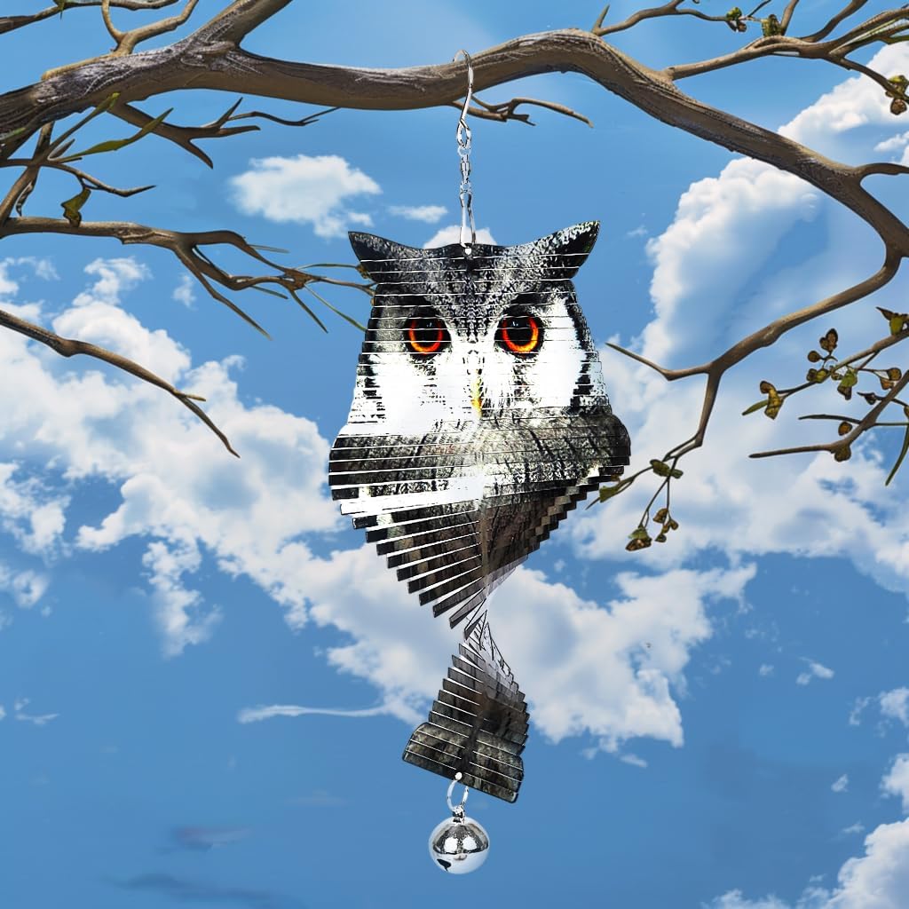 Owl Stainless Steel Wind Spinner Double Sided Printed Bird Reflector Hanging Devices to Keep Birds Away from Outdoor Yard Patio Farm Garden