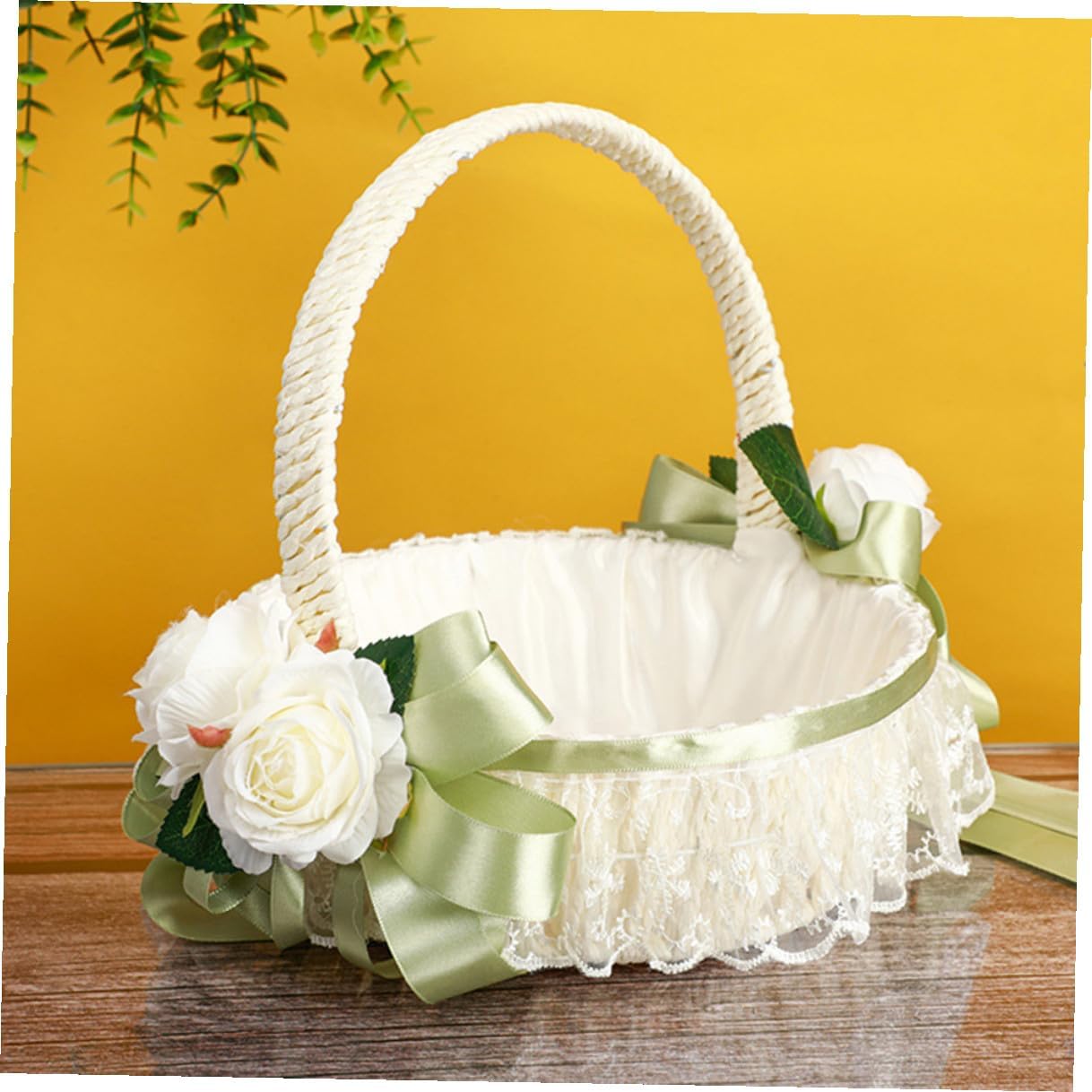 jojofuny Wedding Flower Girl Basket with Bowknot Lace Handle, Small Portable Flower Basket for Wedding Party Supplies, Outdoor and Indoor Ceremony Decorations