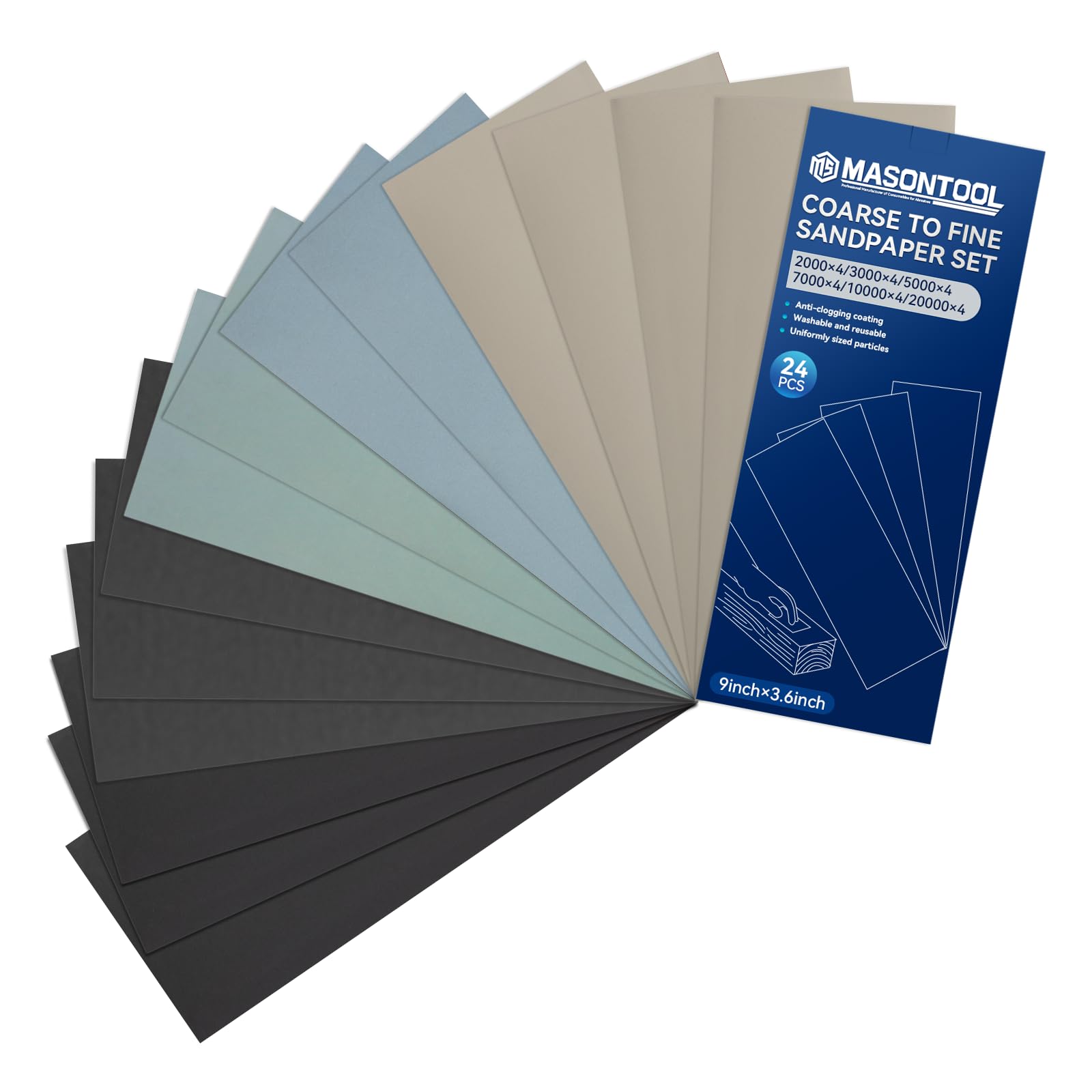 Papel de Lija,Juego de 24 hojas de lija ultrafina de grano 2000/3000/5000/7000/10000/20000 para uso en seco y húmedo, 9 x 3,6 Inch, adecuada para pulido de automóviles, metal y acabado