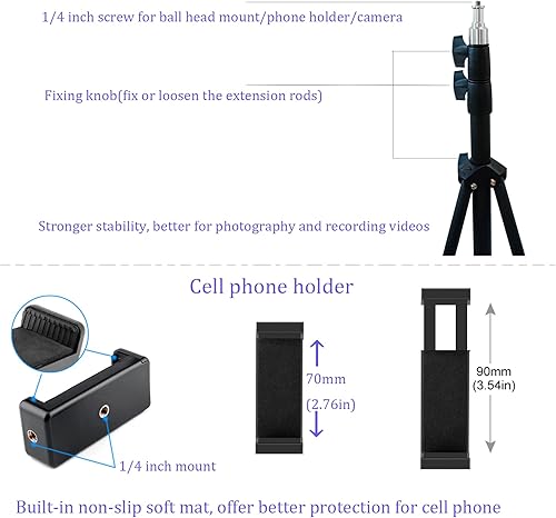 Miniatura 5 de Trípode de hasta 82.6 pulgadas de alto para teléfono celular y cámara ligera, trípode súper alto con soporte para teléfono celular para iPhone 14