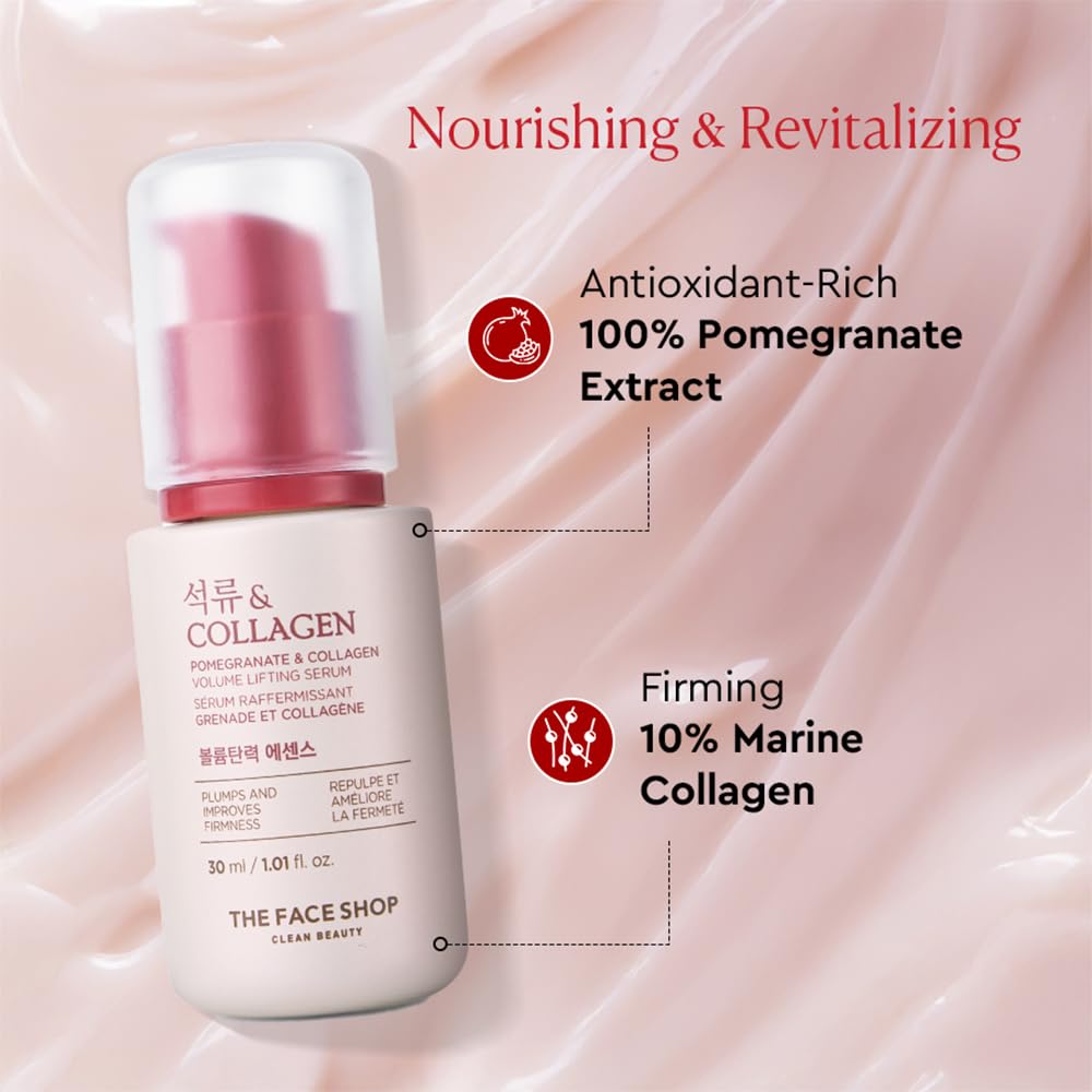 The Face Shop Collagen & Pomegranate Volume Lifting Face Serum | With 10% Marine Collagen & Hyaluronic Acid for Firming, Wrinkle Care & Intense Hydration | Korean Skincare Serum, 30ml 1