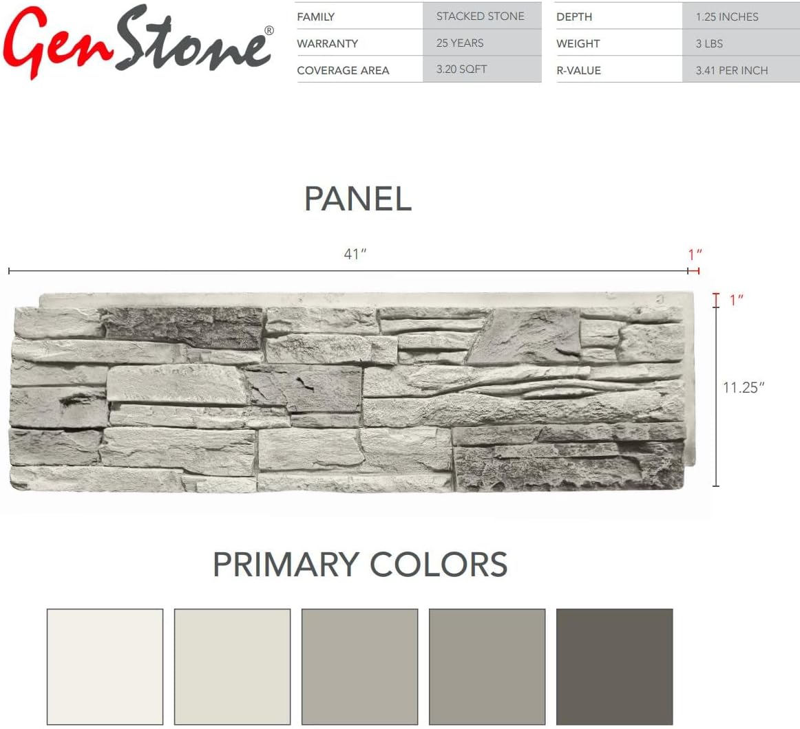 GenStone Faux Stacked Stone Panel 41" x 11.25" in Arctic Smoke Color for Do It Yourself Friendly Home Improvement Projects