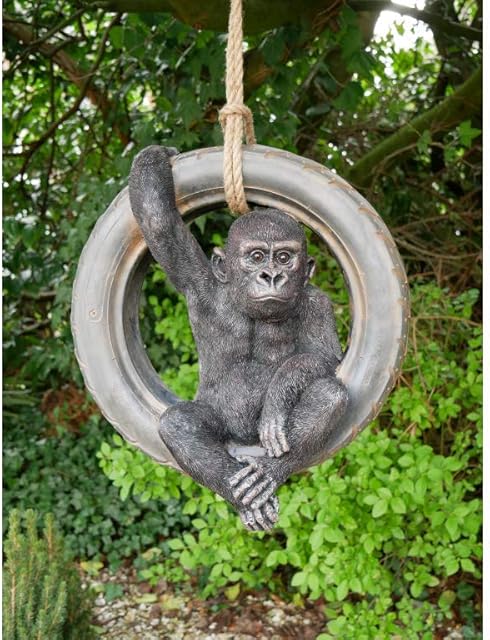 Casadomu Gorilla On Tyre Swing Monkey Garden Hanging Rope Tree Ornament Resin Outdoor Ape