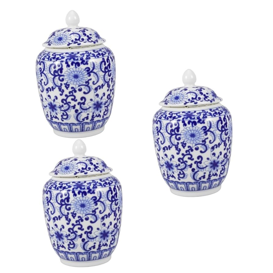 Amazon｜HOLIDYOYO 3個 青と白の陶器の瓶 キャンディージャー