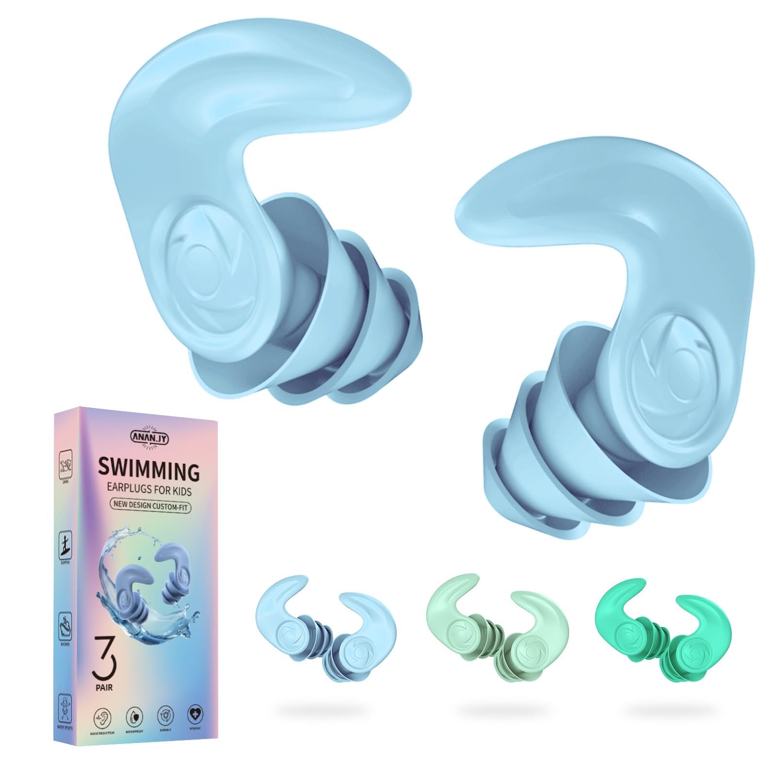Kids Swimming Ear Plugs – 3 Pairs Reusable Soft Silicone Waterproof Earplugs for Children (Ages 4-12), Ear Protection for Swimming, Bathing, Surfing, Diving & Water Sports
