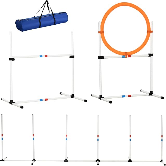 PawHut 3 Piece Pet Agility Training Equipment Dog Play Run Jump Obedience Training Set Adjustable (Pole + Hoop + Hurdle)