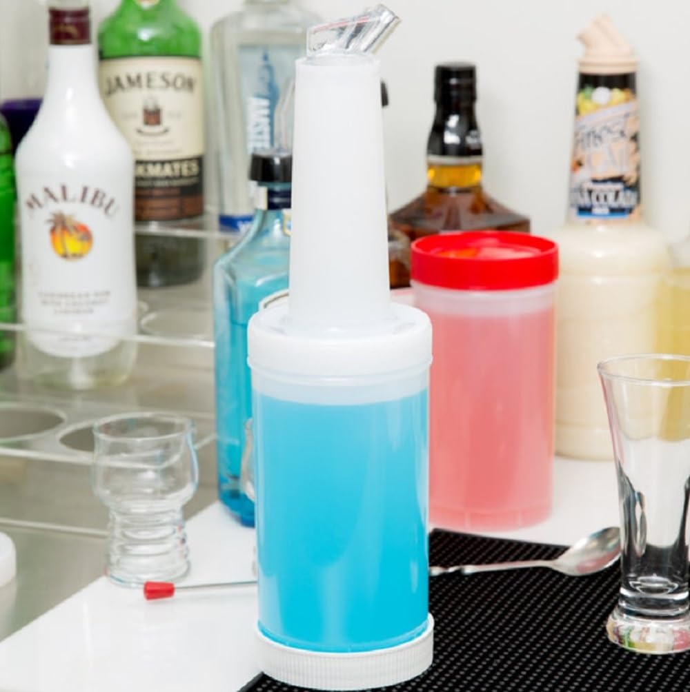 Soro Essentials- 1 qt. Bar Juice Pour Bottles Plastic White Color Set of 12- Store and Pour Containers Bar Plastic Juice Pourers Bartending Bar Mixer Bottles Barware for Bar Home Party Kitchen