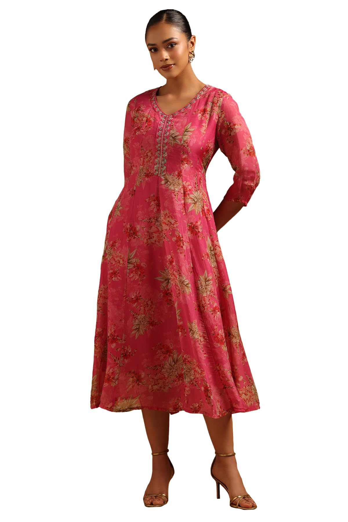 Soch Abito da donna in organza floreale con ricamo Zari e dettagli di perline