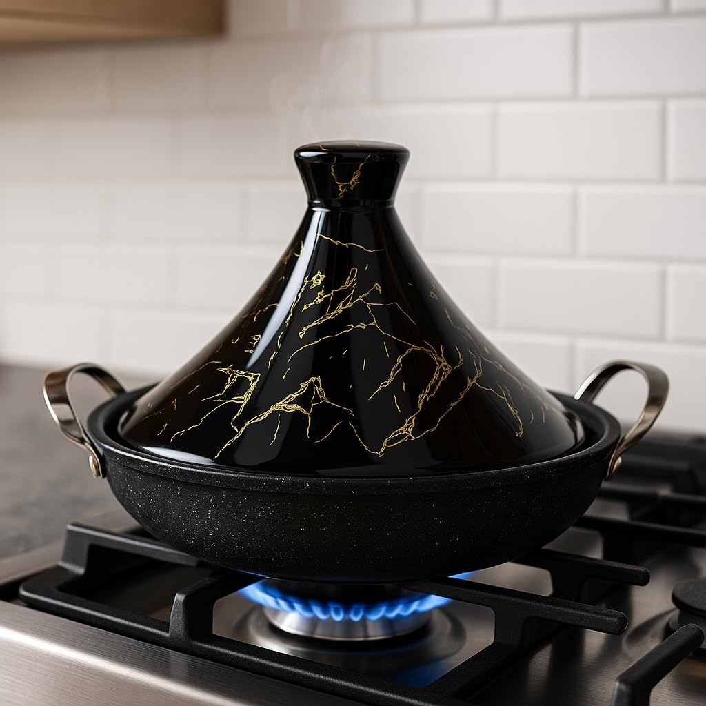 Tajine Royal Swiss - Acciaio inox antiaderente, coperchio in porcellana, per tutti i piani cottura, a induzione, a gas, elettrica, cucina sana (nero, 34 cm)
