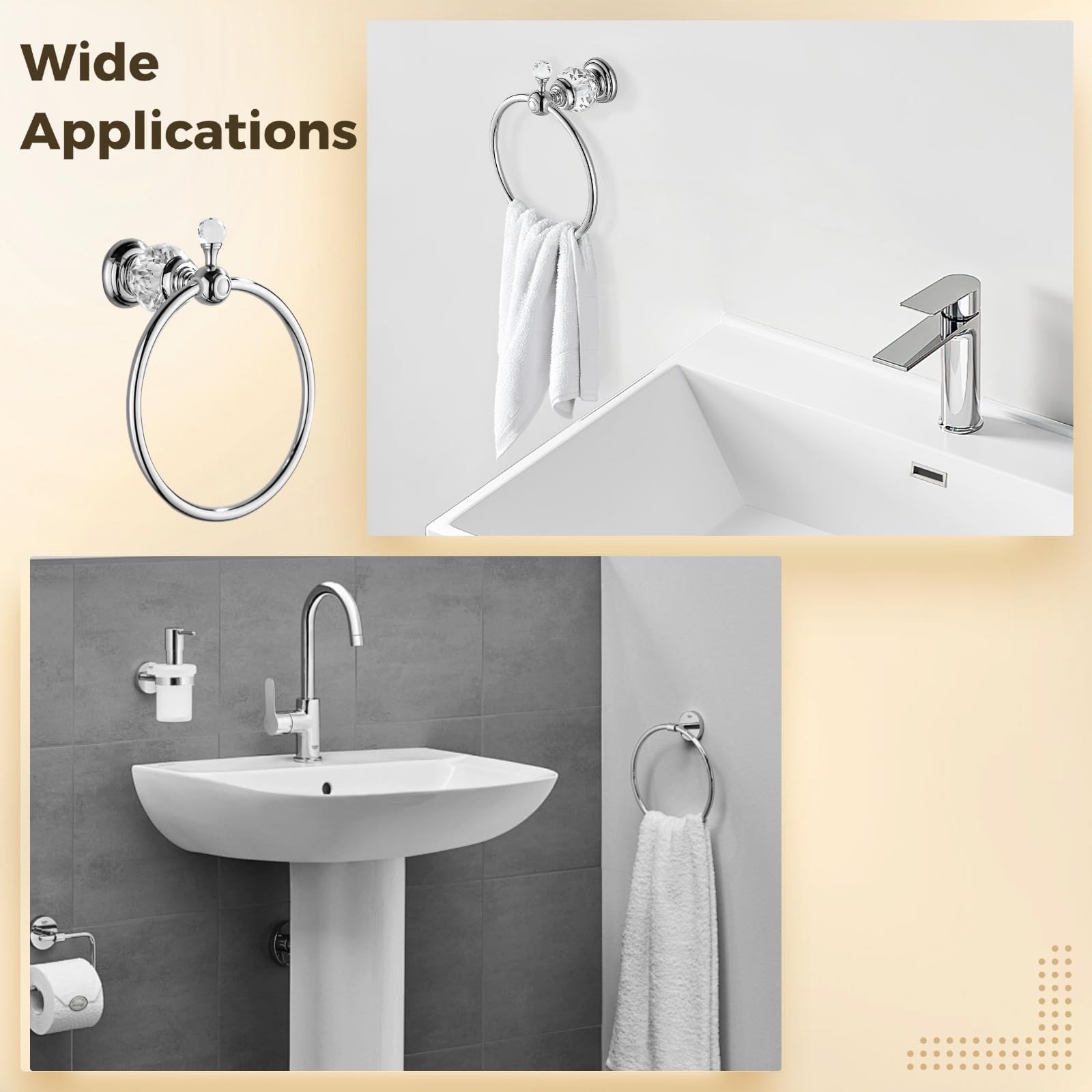 Elegante toallero de cristal cromado – Soporte para toallas de mano de diseño redondo de aleación de zinc que ahorra espacio, accesorio de baño para decoración moderna