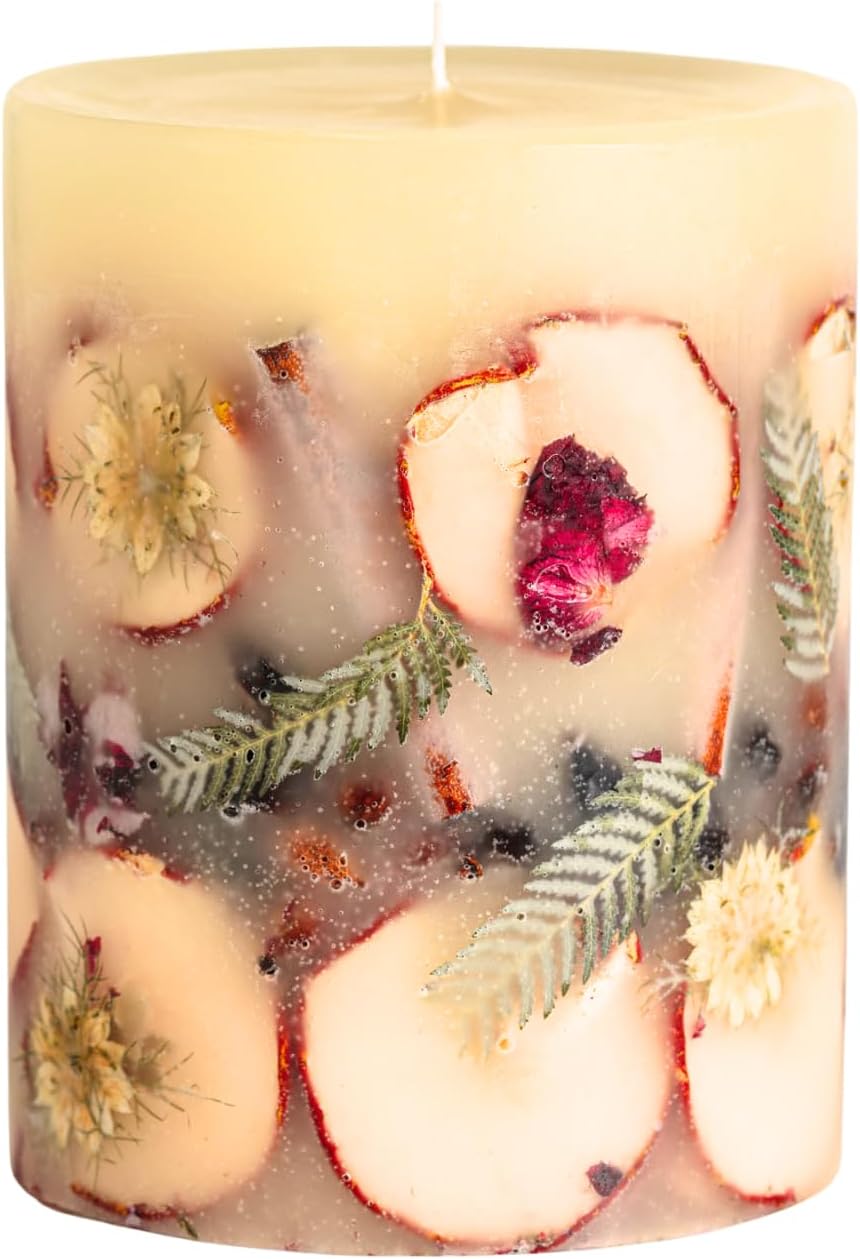 Medium Round Botanical Candle - Spicy Apple 6.5" Burn Time 200 Hours Notes of Cardamom, Cinnamon, Clove, Long Lasting Candles, Aromatherapy Luxurious Fragrance Elegant Home Decor Gifts