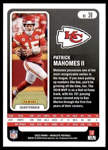 Miniatura 2 de 2022 Absolute #38 Patrick Mahomes II Kansas City Chiefs NFL Football Trading Card