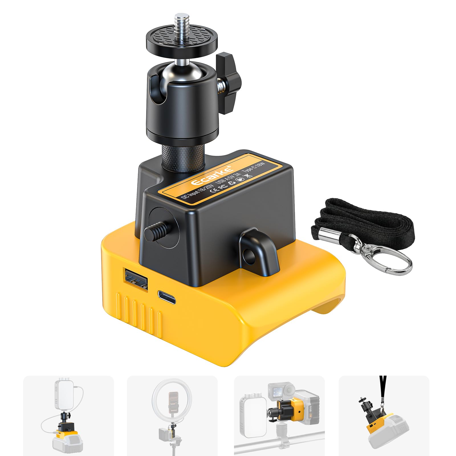 Camera Flash Speedlite Mount Swivel Light Stand Bracket,USB-C/USB-A Adapter for Camera Lighting Compatible with DeWALT 20V Max Battery,Mounts on Tripod Stand, Portable & Professional Power Solution-image-31
