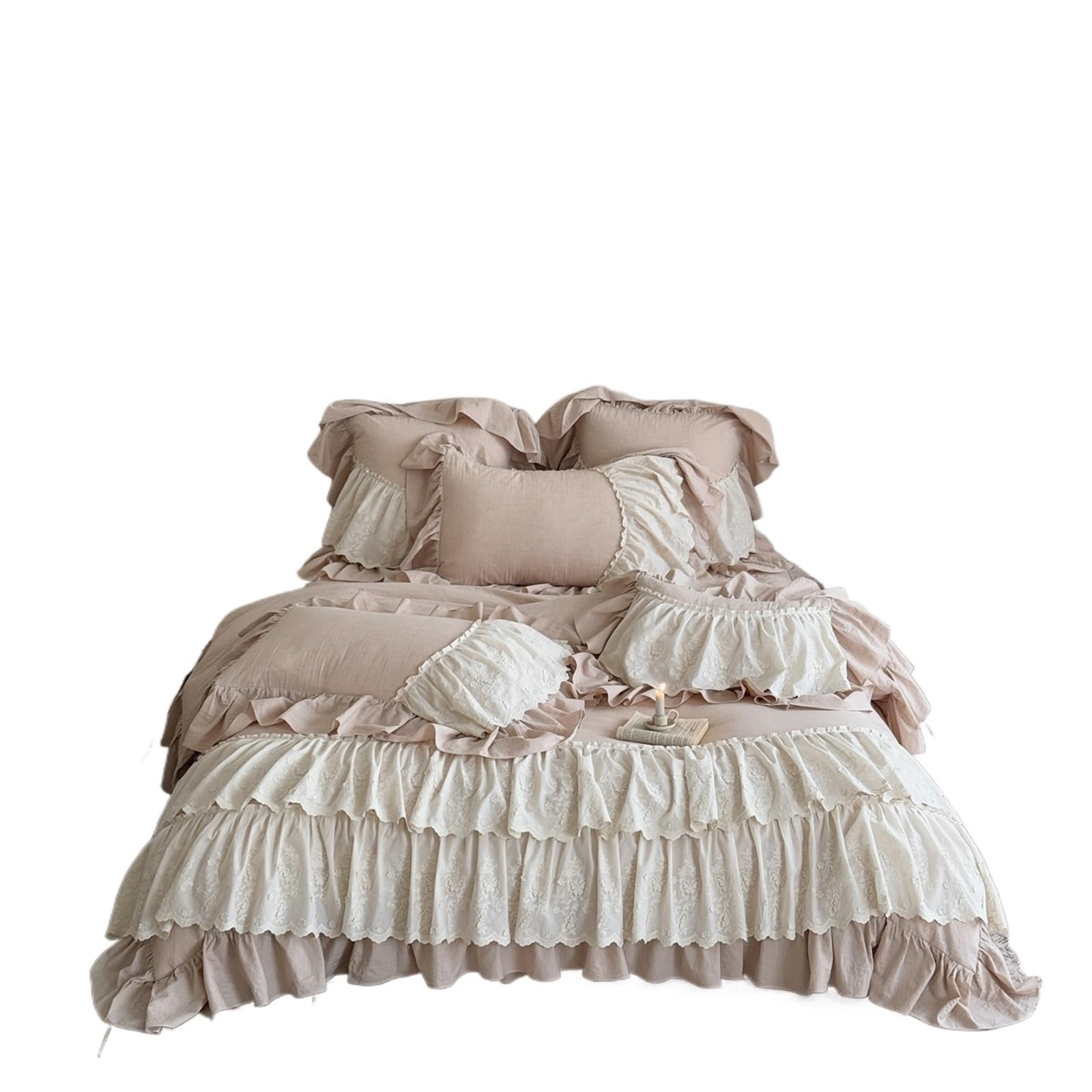 GCYEIDMA Ruffle Duvet Cover Double Layer Lace Ruffles Princess Bedding Set Ramie, Cotton Duvet Cover Quilted Bedspread Pillowcases 4Pcs(Color 1,Queen 200X230cm 4pcs)