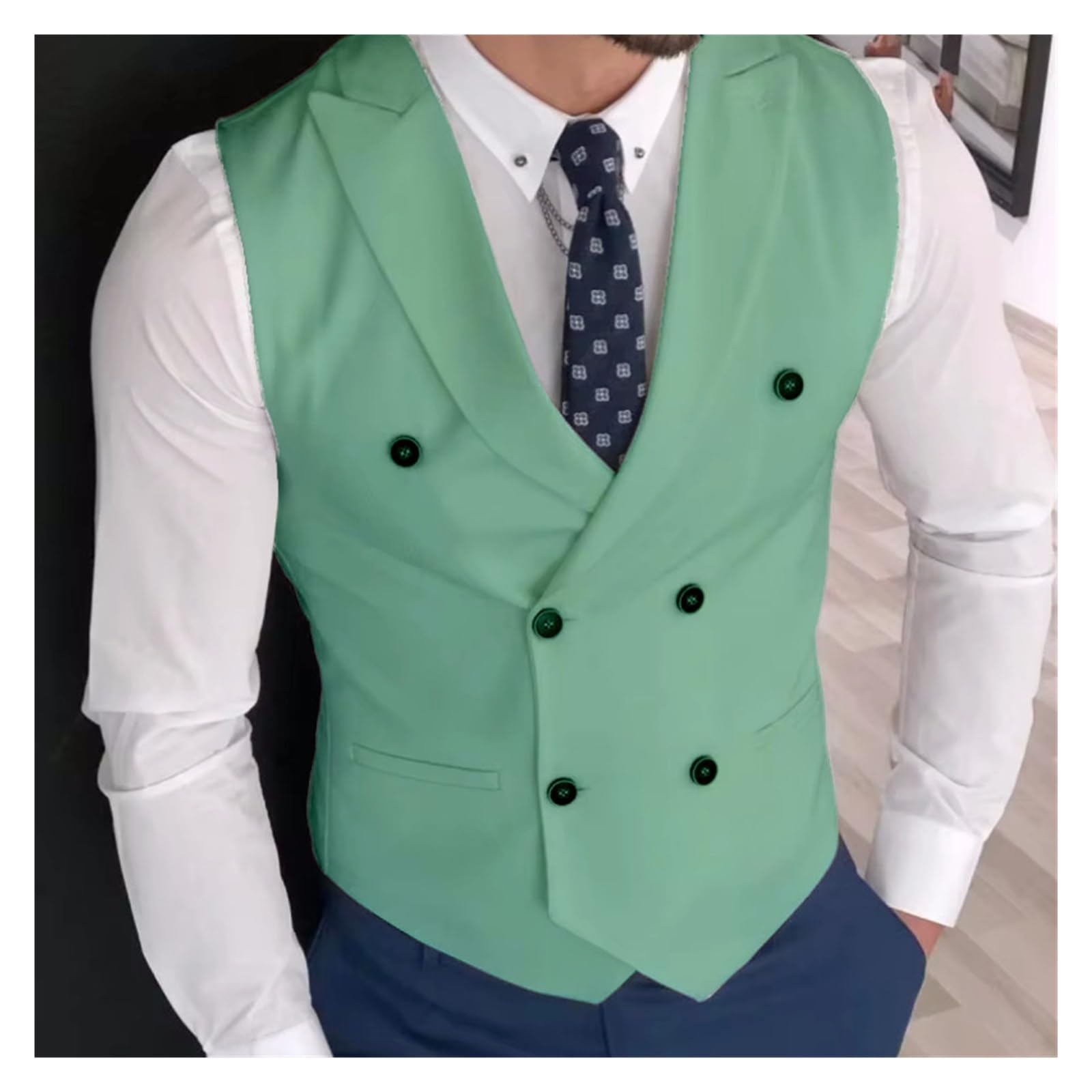 AHIOJEGX Men's Waistcoats Men Vest Pink Solid Double Button With Lapel Business Casual Waistcoat(Light Green,XXL)