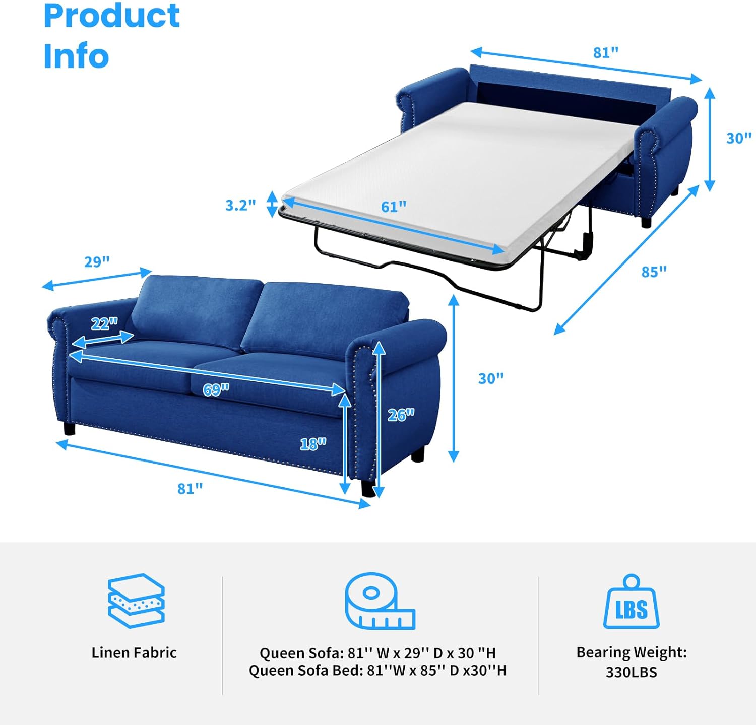 PUREMIND 2-in-1 Pull Out Sofa Bed Queen, Convertible Sofa Beds Couch with Pull Out Beds, Upholstered Sleeper Bed Loveseat Sleeper, Love Seat Couch for Living Room, Apartment and Small Spaces
