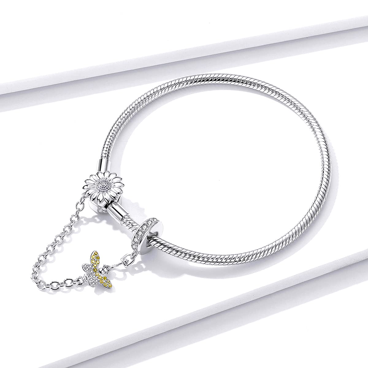 Pulsera De Cadena De Serpiente De Plata De Ley Con Flor De Bracelet