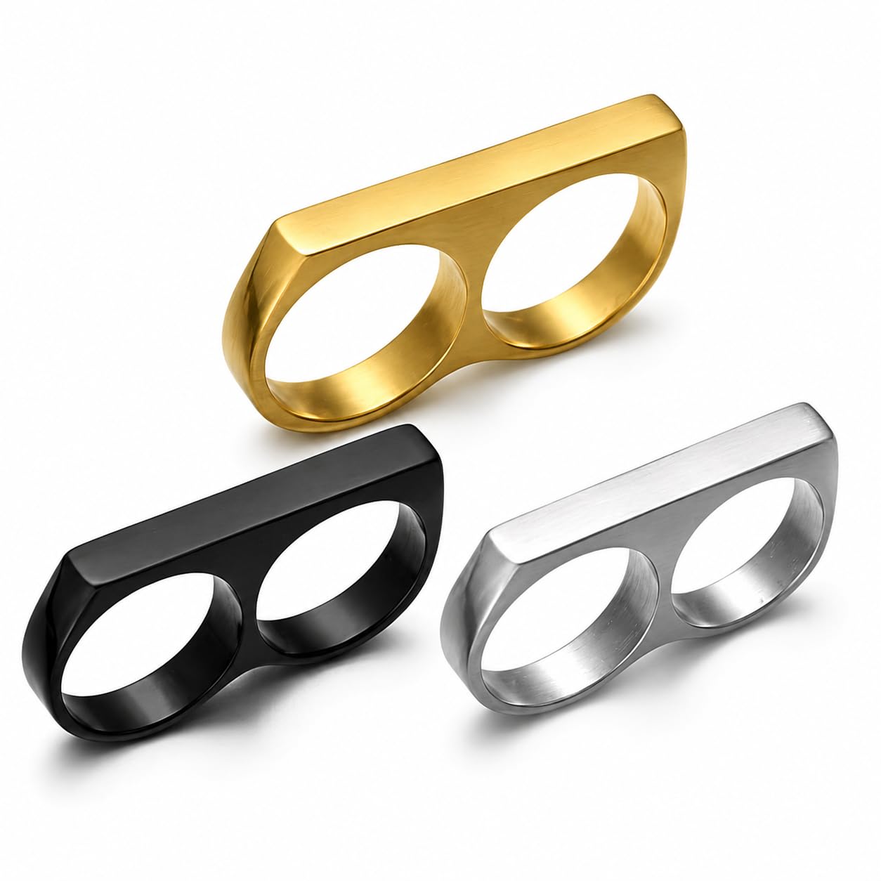 ruby collection Men's Double Finger Ring Combo Set of 3 | Stainless Steel Two Finger Ring for Men & Boys | Gold, Black & Silver Minimalist Statement Knuckle Rings | Fashion Biker Daily Wear Jewellery Gift-picture-44
