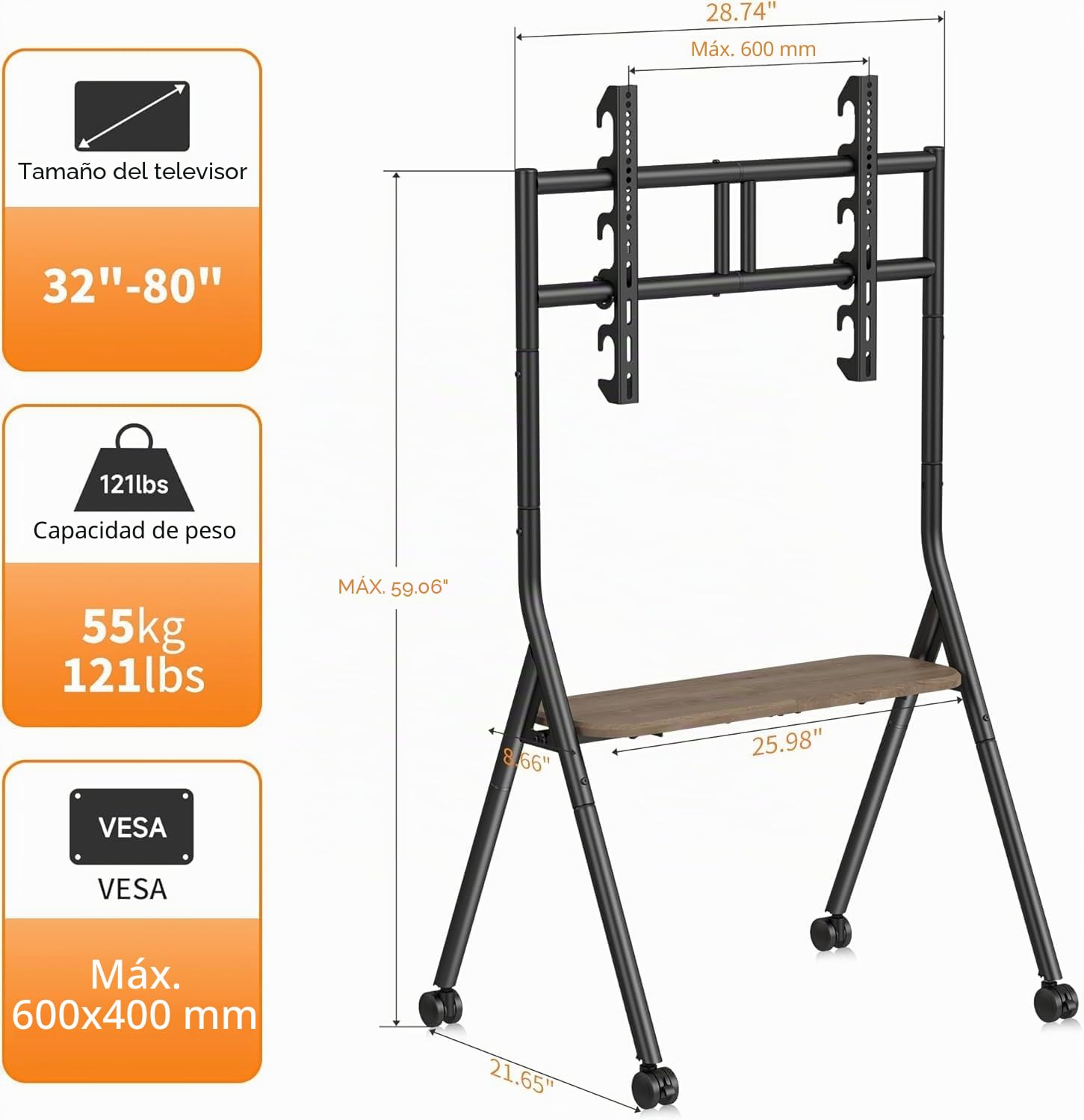 XINLEI Soporte de TV con ruedas para televisores de 32 a 80 pulgadas (hasta 55 kg), carro de TV móvil y portátil, con estante para el hogar y el salón, máx. 600 x 400 mm norma VESA, negro, ML5CM