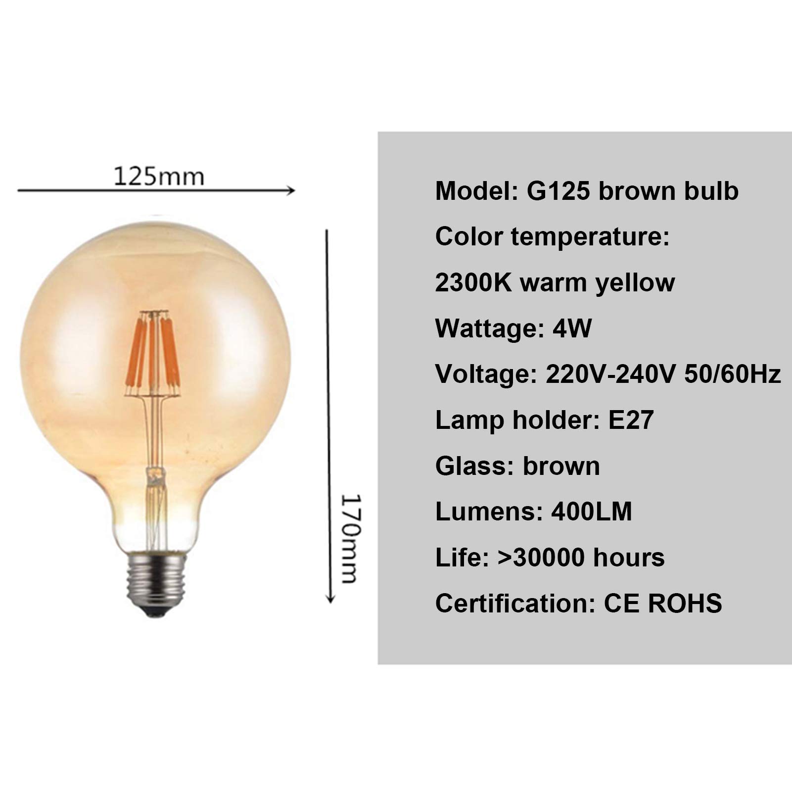 Bombilla LED Edison Esférica 4W G125 Bombilla Filamento Retro, Base, Vidrio Dorado Ahumado Cálido 2300K, Muy Adecuada Iluminación Decorativa Antigua Y Nostálgica, Paquete 10