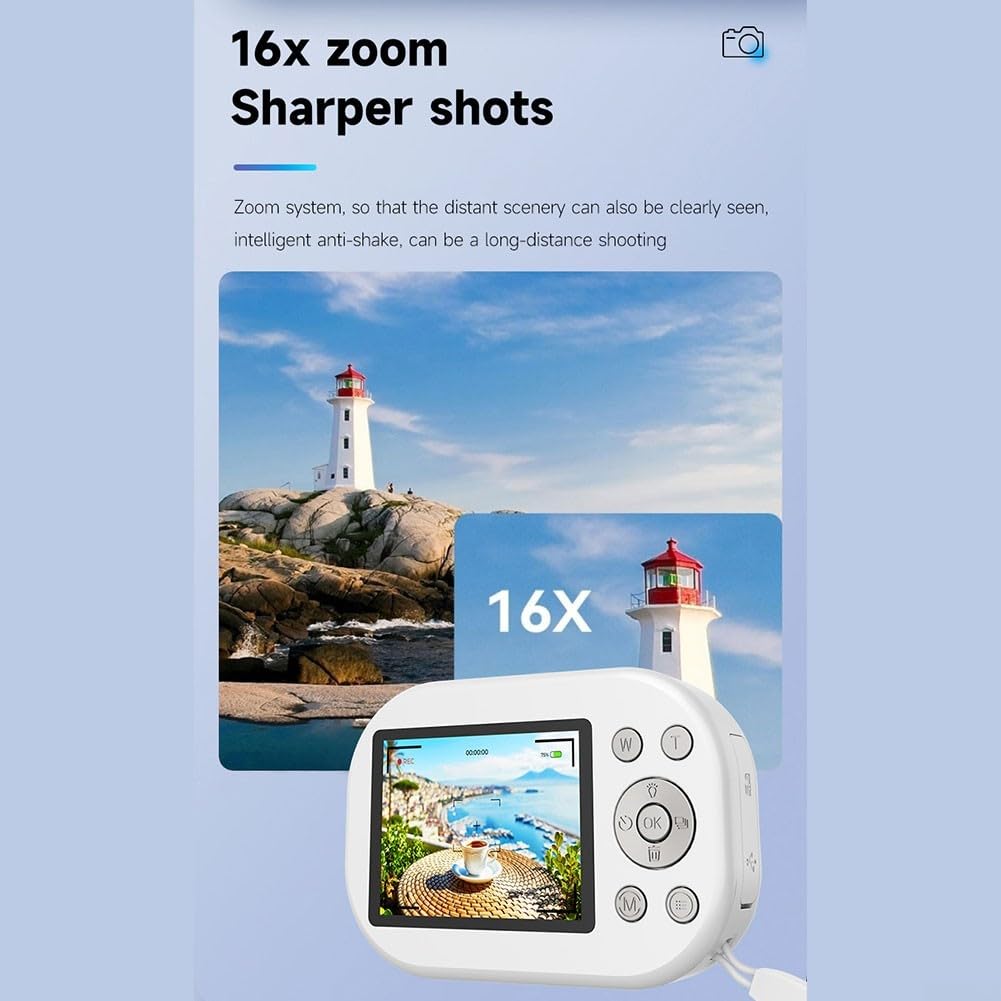 Cámara digital compacta 4K con zoom óptico de 16X y linterna integrada para principiantes y fotografía de viaje (blanco)