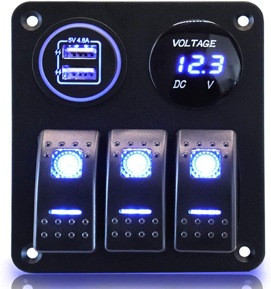 3 Gang Waterproof Marine Boat Rocker Switch Aluminum Panel, DC 12V/24V 5 Pin ON-Off Switch, with Upgrade Arc LED Digital Display Voltmeter and 4.8A Dual USB Slot Socket for Boat Car Rv Vehicles Truck