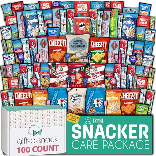 Image of Gift A Snack - Snack Box Variety Pack Care Package + Greeting Card (100 Count) Graduation Birthday Sweet Treats Gift Basket Candies Chips Crackers Bars Office Food Assortments & Variety Gifts