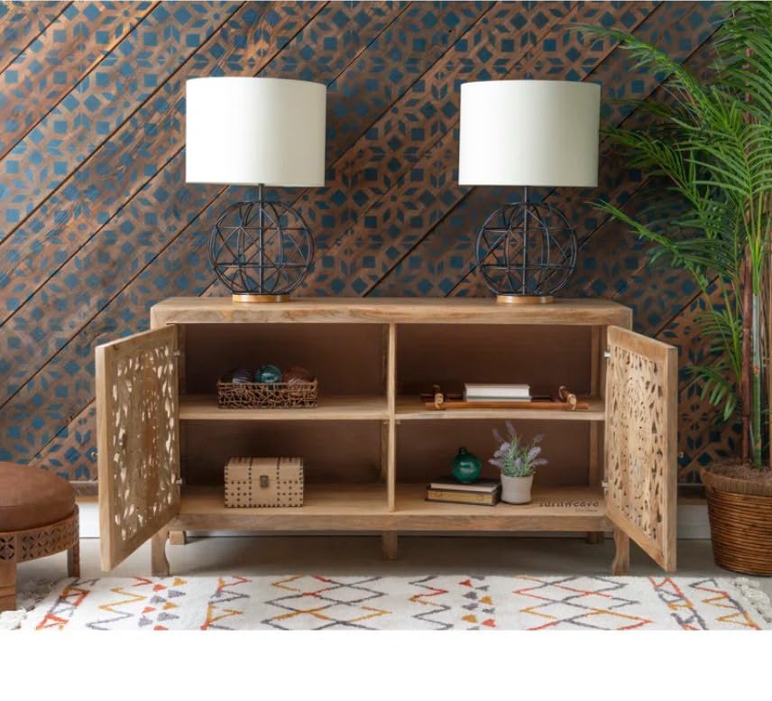 Image of Yepa Wooden Sideboard Cabinet for Living Room | Handcrafted Solid Wood Storage Cabinet with Carved Doors | Crockery Cabinet for Home | Crockery Furniture for Home (Natural)